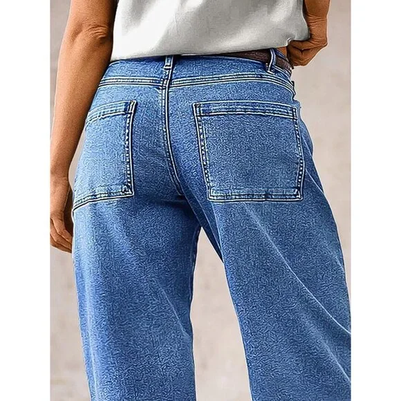 Women’s Straight Leg Jeans Mid Rise Stretchy Patch Pocket Casual Baggy